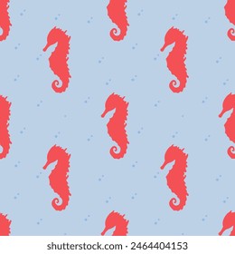 Hand drawn marine vector seamless texture with seahorse. Isolated on a blue background.Vector.