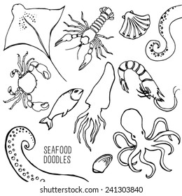 Hand Drawn maritime animals set. Seafood doodles.