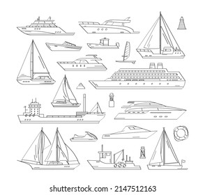 Hand drawn maritime ships  Vector icon set outline ship at sea  sail boats  speed boat  yacht  liner  sailboat  cruiser   cargo ships  Water ocean transport boat  Sea marine travel