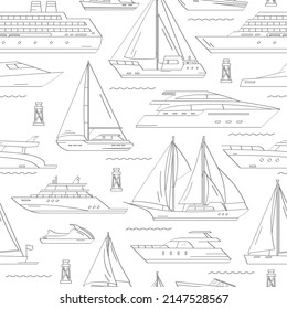Hand drawn maritime ships. Vector seamless pattern of outline ship at sea, sail boats, speed boat, yacht, liner, sailboat, cruiser and cargo ships. Water ocean transport boat. Sea marine travel
