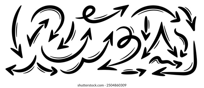 Hand drawn marker arrows set, isolated background. Doodle sketch vector illustration. Freehand various curved lines, swirls arrows, scribbles and scrawls, direction pointers. Graphic design elements
