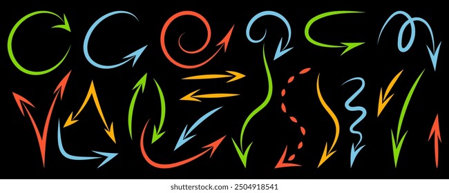 Conjunto de flechas de marcador dibujadas a mano, fondo aislado. Ilustración vectorial Doodle. A mano alzada, diferentes líneas curvas y punteadas de colores, remolinos, flechas, garabatos o garabatos, puntero de dirección. Elementos de diseño