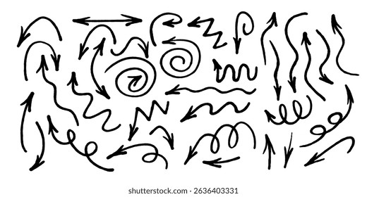 Hand drawn marker arrows symbols set. Doodle brush line grunge scribbles arrow pointers hand drawn vector illustration. Felt pen marker symbols collection.