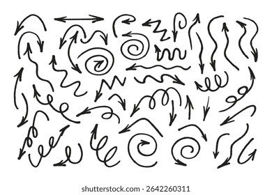 Ensemble de symboles de flèches de repère dessinés à la main. Doodle brosse ligne grunge gribouillages flèches pointeurs illustration vectorielle dessinée à la main. Collection de symboles de marqueur de feutre.