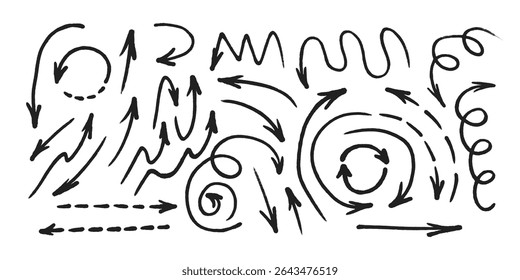 Hand drawn marker arrows symbols set. Doodle brush line grunge scribbles arrow pointers hand drawn vector illustration. Felt pen marker symbols collection.
