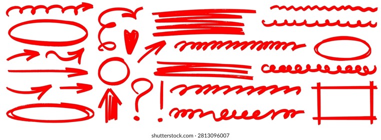 Hand drawn marker and brush highlight set. Pen doodle, scribble, arrow and circle elements. Underline strokes and marker underlines with vivid highlight effects.