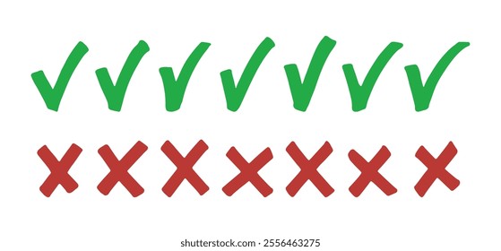 Hand drawn marker checklist symbol set. Green check mark and red cross mark vector icons.