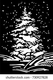 Hand drawn marker christmas tree. Falling snow and snowdrifts. Xmas vector phone wallpaper