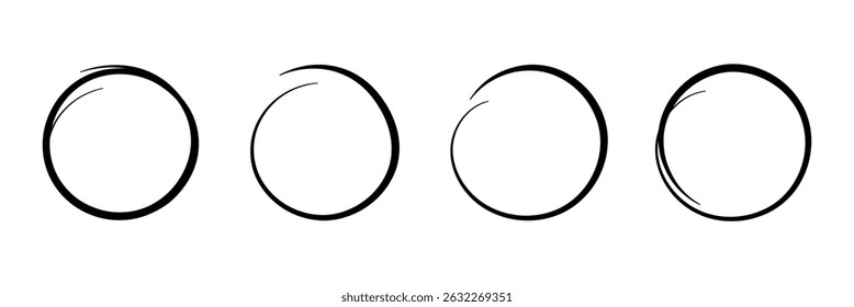 Hand drawn marker circles round set. Doodle round shapes. Crayon circle highlight, freehand ovals doodle. Ellipse frames, round shapes in sketch style. Isolated on white background.