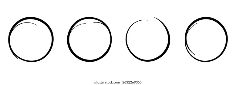 Conjunto redondo de círculos marcadores desenhados à mão. Desenhar formas redondas. Crayon círculo destaque, ovais à mão livre doodle. Quadros de elipse, formas redondas em estilo de esboço. Isolado no fundo branco.