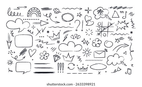 Hand getekende marker doodle set elementen. Onderstreep grunge brush. Eenvoudige schets stijl accent, aandacht. Pijlen, spraakbellen, vormen, diamant, ster. Pictogramtekening. Lijn geïsoleerde vector illustratie.