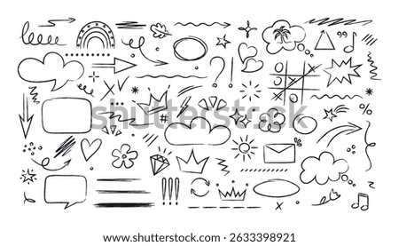 Hand drawn marker doodle set elements. Underline grunge brush. Simple sketch style accent, attention. Arrows, speech bubbles, shapes, diamond, star. Icon drawing. Line isolated vector illustration.