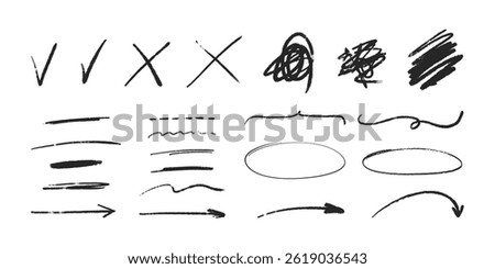 Hand drawn marker elements. Freehand vector signs. Ticks, crosses, arrows and circles for highlighting and notes.