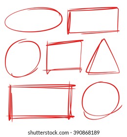 hand drawn marker elements, highlighter set, red circle, triangle, rectangle frames