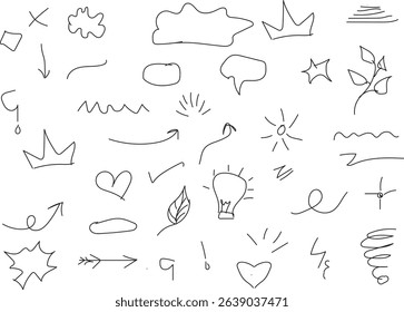Hand Drawn Marker Elements Set with Arrows, doddles , Scribbles, and Symbols , collection of hand-drawn marker elements including brush lines, underlines, hearts, stars, crowns, vector illustrations

