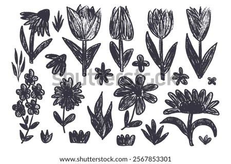 Hand drawn marker flowers and grass set. Charcoal linocut tulip, daisy doodle monochrome. Floral chamomile and marguerite kids chalk style shape. Vector black pencil illustration on white background.