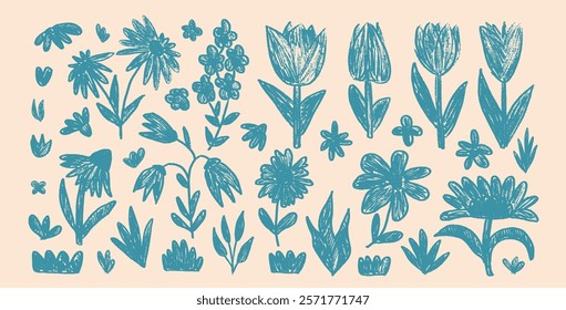 Hand drawn marker flowers and leaves set. Charcoal tulip, daisy doodle monochrome. Floral chamomile, bellflowers and marguerite kids chalk style shape. Vector black pencil illustration.