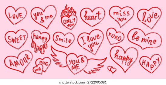 Conjunto de corazón de marcador dibujado a mano con letras románticas escritas a mano. Juguetones corazones de doodle con frases de amor en tinta roja. Ilustración vectorial aislada en el fondo, estilo infantil expresivo.