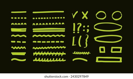 Hand drawn marker highlighters, underline, shapes and signs set