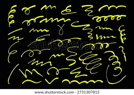 Hand drawn marker highlighters, underline, lines, sketch Handwritten notes for text or on school board Yellow doodle elements collection Rough brush strokes isolated on black background Childish drawn
