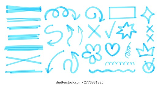 Hand drawn marker highlights and underlines, blue pen doodle strokes, vector set isolated on white. Check box on whiteboard, arrows, star and heart marks for emphasis, marker texture elements