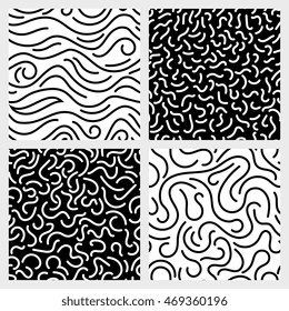 Hand Drawn Marker, Ink, Line, Stroke, Squiggle Vector Seamless Patterns. Abstract Monochrome Background With Curve Line Illustration