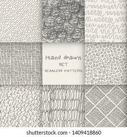 Hand drawn marker and ink seamless patterns. Hand drawn circles, triangles, squares, snowflakes, hearts strokes, sticks. Scribble for children
