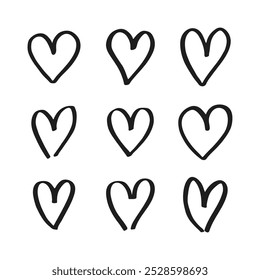 Hand drawn marker line hearts on a white background. Love icons set.