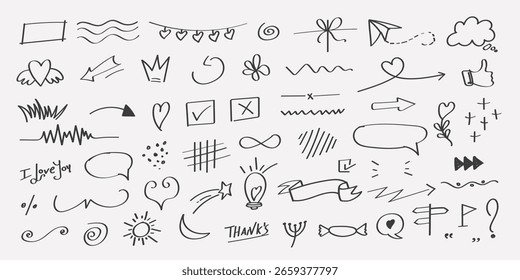 Handgezeichnete Markierungslinie mit Pfeilen, Herzen, Kronen, Sternen, Stiftstrichen und Scribble-Formen