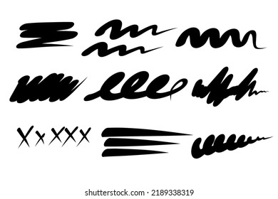 Hand Drawn Marker Line. Sketch Stroke Set. Highlight Underline And Strike Through. Pen Line Template. Vector Illustration Isolated On White Background.