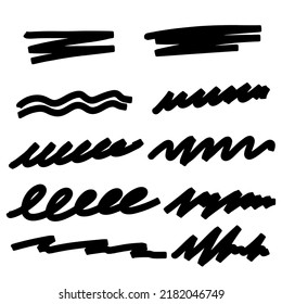 Hand Drawn Marker Line Stroke Set. Highlight Underline And Strike Through. Marker Pen Line Template. Vector Illustration Isolated On White Background.