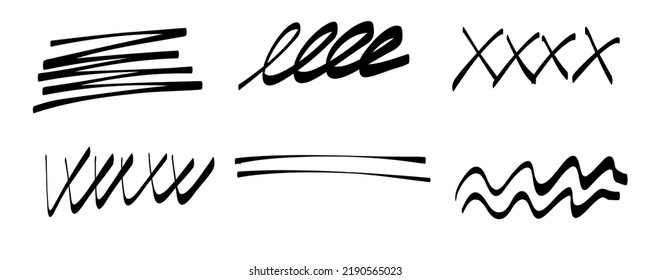 Hand Drawn Marker Line Stroke Set. Highlight Sketch Underline And Strike Through. Pen Line Template. Vector Illustration Isolated On White Background.