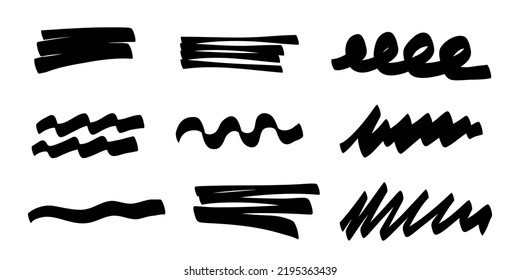 Hand Drawn Marker Line Stroke Set. Highlight Marker Underline And Strike Through. Pen Line Template. Vector Illustration Isolated On White Background.