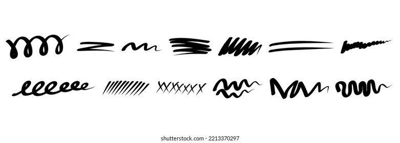 Hand drawn marker line stroke set. Highlight underline and strike through set. Pen line template. Vector illustration isolated on white background.