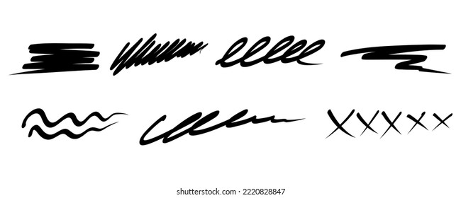 Hand drawn marker line stroke set. Highlight underline and strike through. Pen line template. Vector illustration underline isolated on white background.