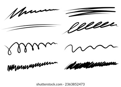 Juego de trazo de línea de marcador dibujado a mano. Resalta el subrayado y golpea a través del set. Plantilla de línea de lápiz. Ilustración vectorial aislada en fondo blanco.