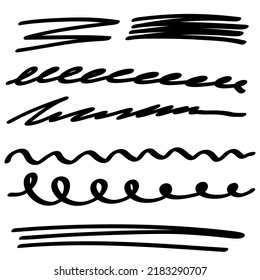 Hand drawn marker line underline stroke set. Highlight underline and strike through. Pen line template. Vector illustration isolated on white background.