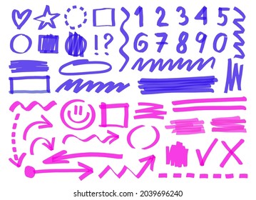 Hand drawn marker lines, numbers, symbols. Cartoon vector illustration. Set of blue and pink permanent strokes, arrows, underlines. Ink, doodle, texture concept for banner design or landing page