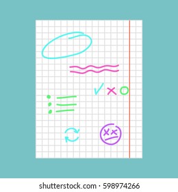 Hand drawn marker lines on squared paper, flat editable vector illustration, clip art