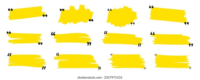 Hand drawn marker lines with quote signs set. Yellow strokes and quotes marks. Collection of colorful design elements. Speech mark symbol. Vector illustration