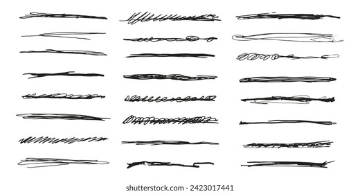 Handgezeichnete Markierungslinien und Squiggles Set. Pinselstrich unterstreicht. Dodle-Stilstriketrhows, Abstriche, schmutzige Striche, Betonelemente. Vektorgrafik