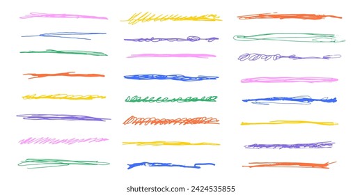 Hand drawn marker lines and squiggles set. Pen brush stroke underlines. Doodle style striketrhoughs, smears, scrathy strokes, emphasis elements. Vector illustration