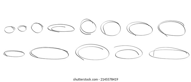 Hand drawn marker oval frame set. Doodle highlight ovals. Marker sketch. Highlighting text and important objects. Round scribble frames. Stock vector illustration on white background.