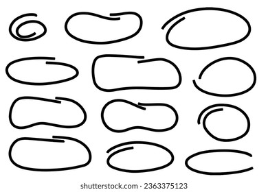 Hand drawn marker oval frame set. Sketch doodle marker pen highlight oval. Stroke scrawl underline lines emphasis. Vector handdrawn illustration isolated on white background.