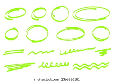 Hand drawn marker oval and line set. Sketch green doodle marker pen highlight oval frame. Stroke scrawl underline lines emphasis. Vector handdrawn illustration isolated on white background.