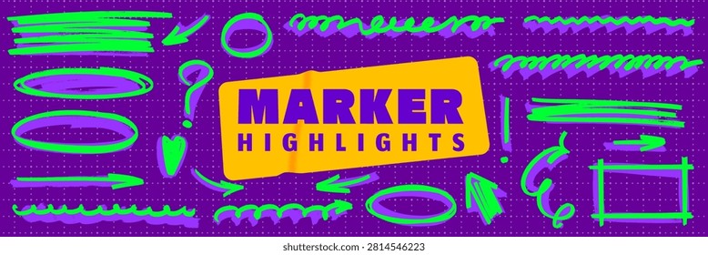Hand drawn marker and pen brush doodle set. Scribble, circle, arrow and underline full of life. Marker highlight and underline add vivid highlight to every stroke.