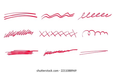 Hand drawn marker pen line stroke set. Highlight underline and strike through. Pen line template. Vector illustration isolated on white background.