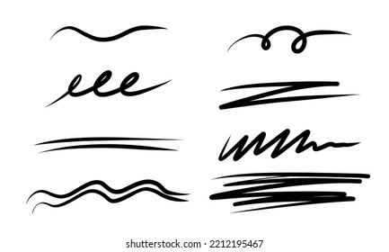 Hand Drawn Marker Pen Line Stroke Set. Highlight Underline And Strike Through Line Template. Vector Illustration Isolated On White Background.