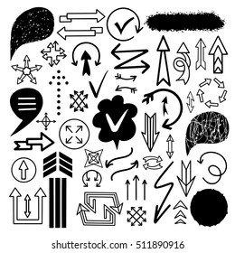 Hand drawn marker, pen signs, arrows, lines, shapes, hand written, speech bubble, textures, design elements set isolated on white background