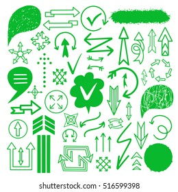Hand drawn marker, pen signs, arrows, lines, shapes, hand written, speech bubble, textures, design elements set isolated on white background